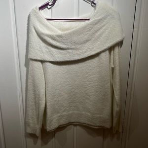 White, fluffy off the shoulder sweater